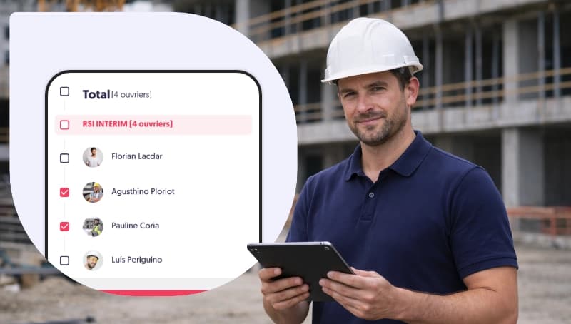 Chef de chantier utilisant une tablette pour sélectionner et gérer les ouvriers sur une application de pointage