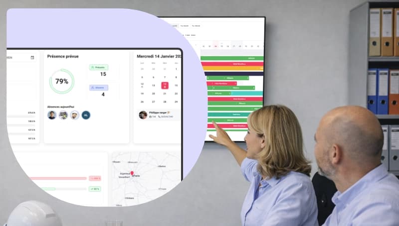 Tableau de bord de gestion de présence avec planning et suivi des équipes BTP