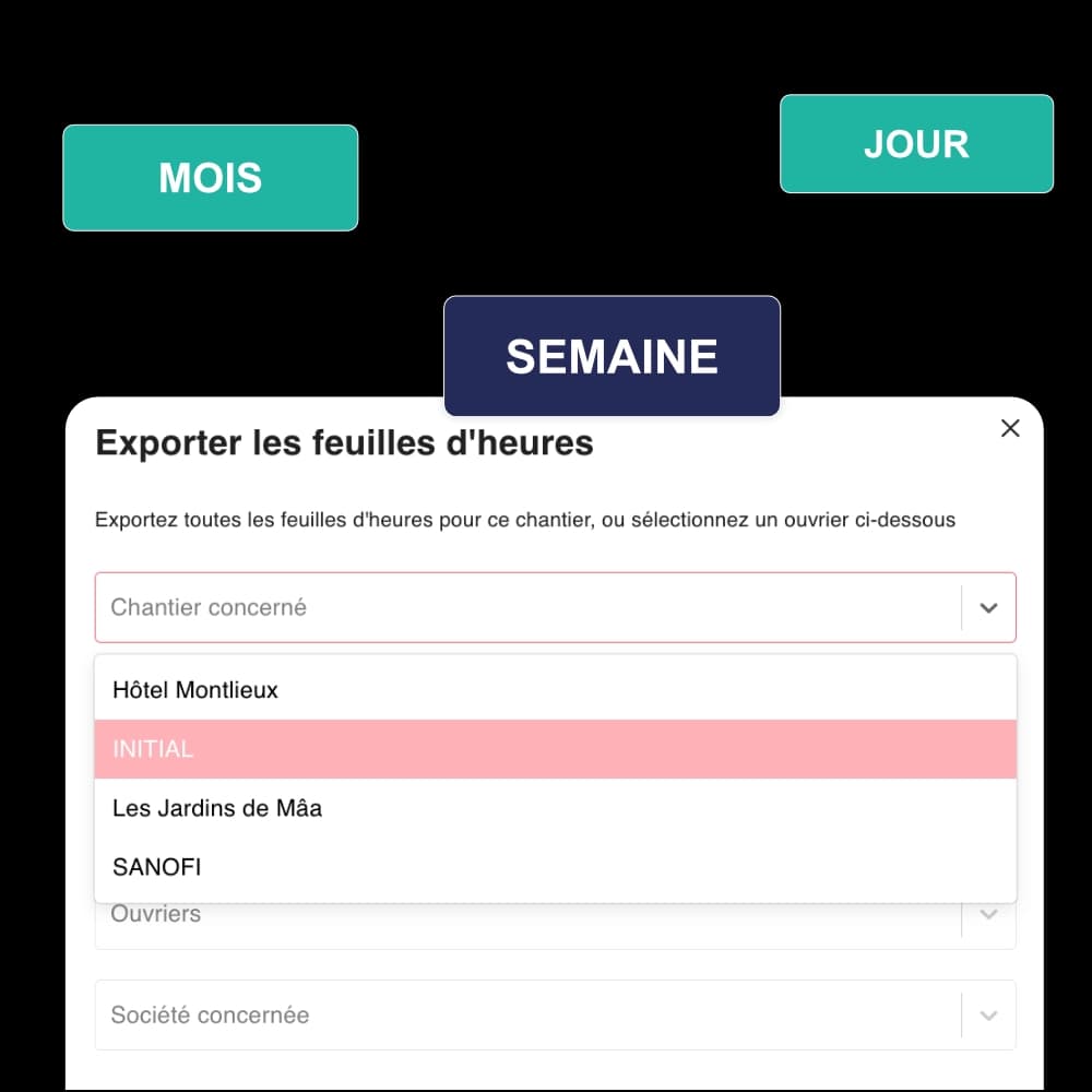 Interface d’export des feuilles d’heures BTP avec sélection par chantier et période