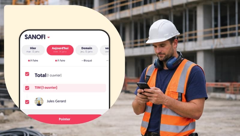 Ouvrier sur chantier utilisant une application mobile de pointage pour enregistrer ses heures