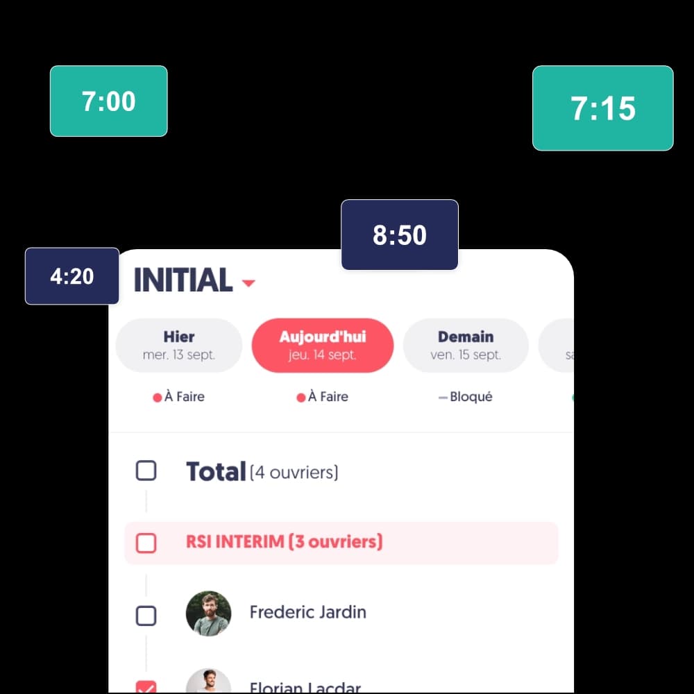 Interface de pointage BTP avec saisie des horaires et sélection des ouvriers