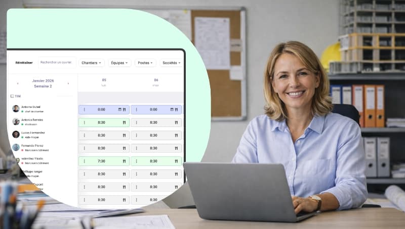 Interface de feuille d’heures BTP avec pointage des ouvriers et suivi des temps de travail